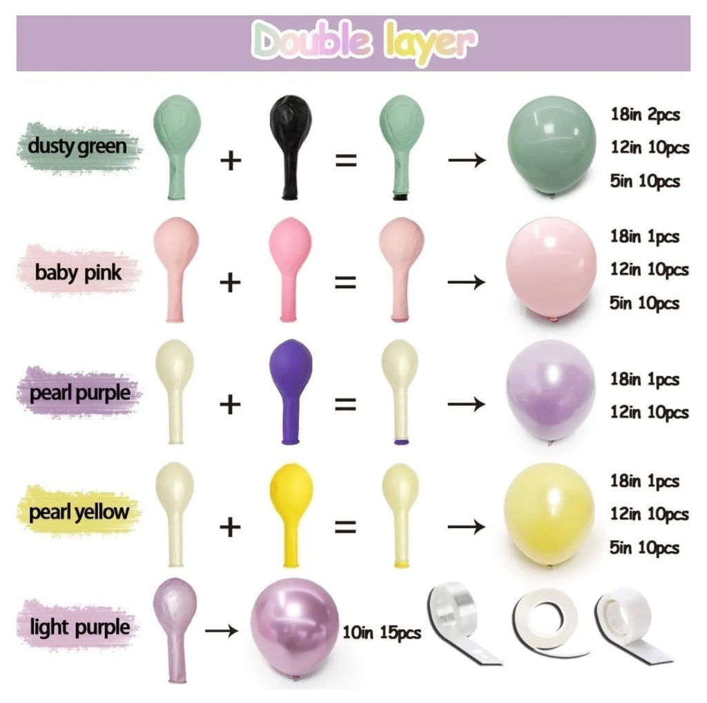 Pastel Green Pink Balloon Garland Double Stuffed Purple Pink Balloon Arch Kit Pearl Yellow Balloon Different Sizes for Birthday Wedding