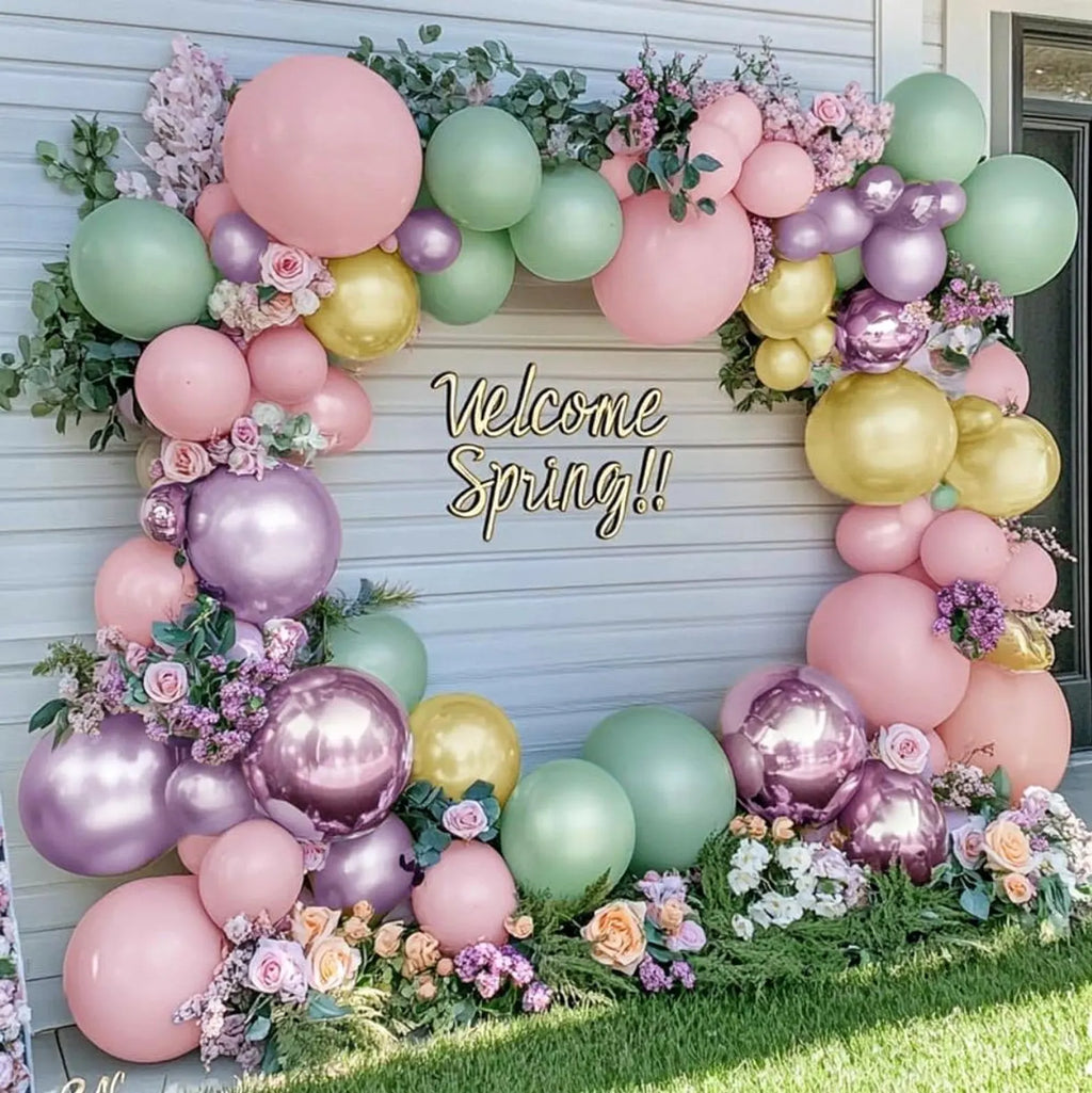 Pastel Green Pink Balloon Garland Double Stuffed Purple Pink Balloon Arch Kit Pearl Yellow Balloon Different Sizes for Birthday Wedding