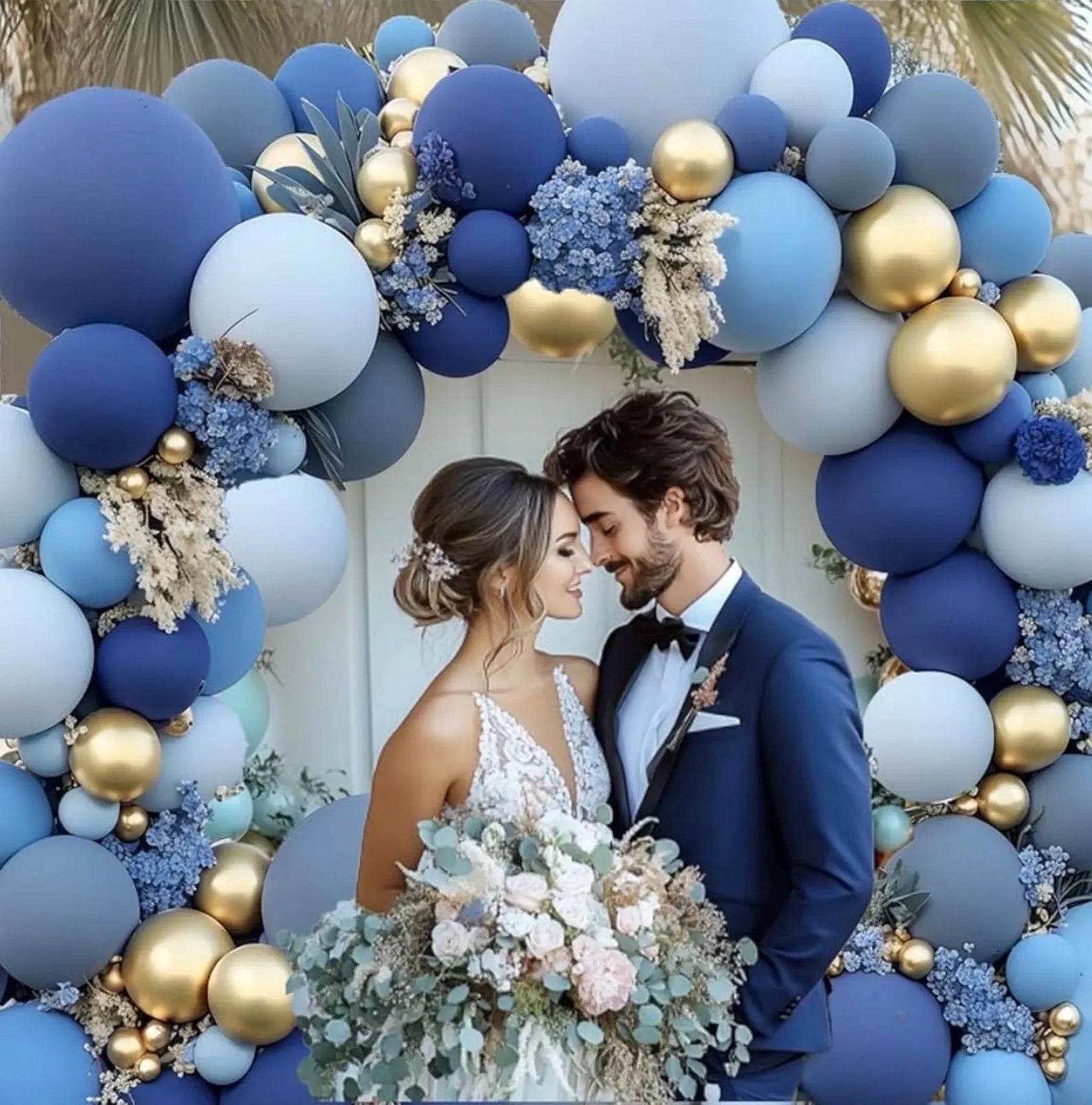 Luxury Dusty Blue & Gold Balloon Arch Garland Kit – Double Stuffed Pastel Blue Party Decor