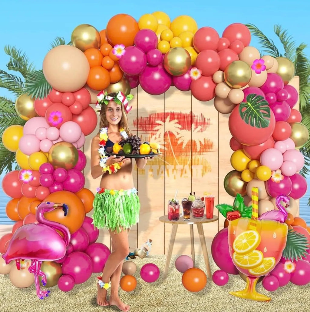 Tropical Hot Pink and orange flamingo Balloons garland arch kit 130pcs with pineapple for Summer Beach luau aloha theme party decorations