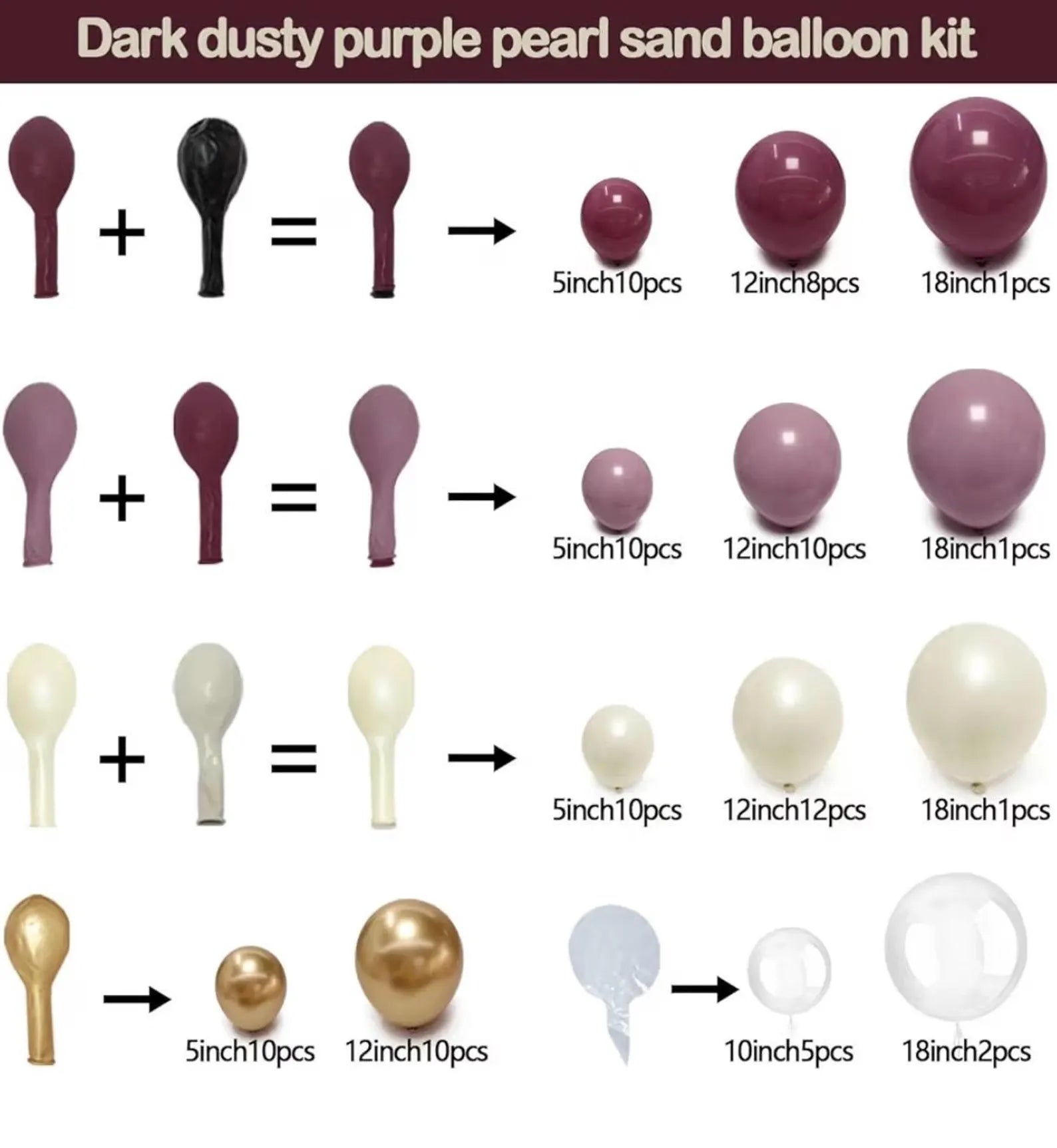 Dusty Purple Gold Balloon Arch Kit Double Stuffed Plum, Dark Lavender, Pearl White Sand Balloon Garland with Clear Bobo for Birthday, Bridal