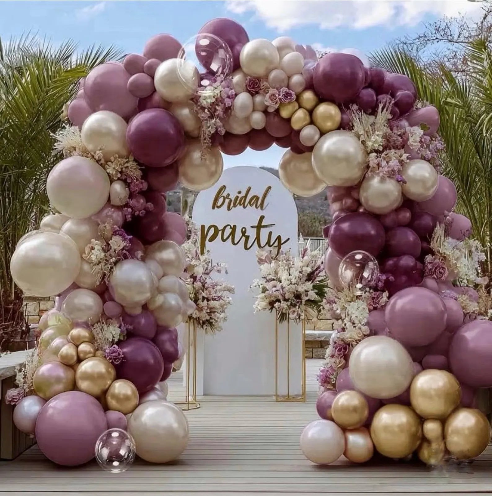 Dusty Purple Gold Balloon Arch Kit Double Stuffed Plum, Dark Lavender, Pearl White Sand Balloon Garland with Clear Bobo for Birthday, Bridal