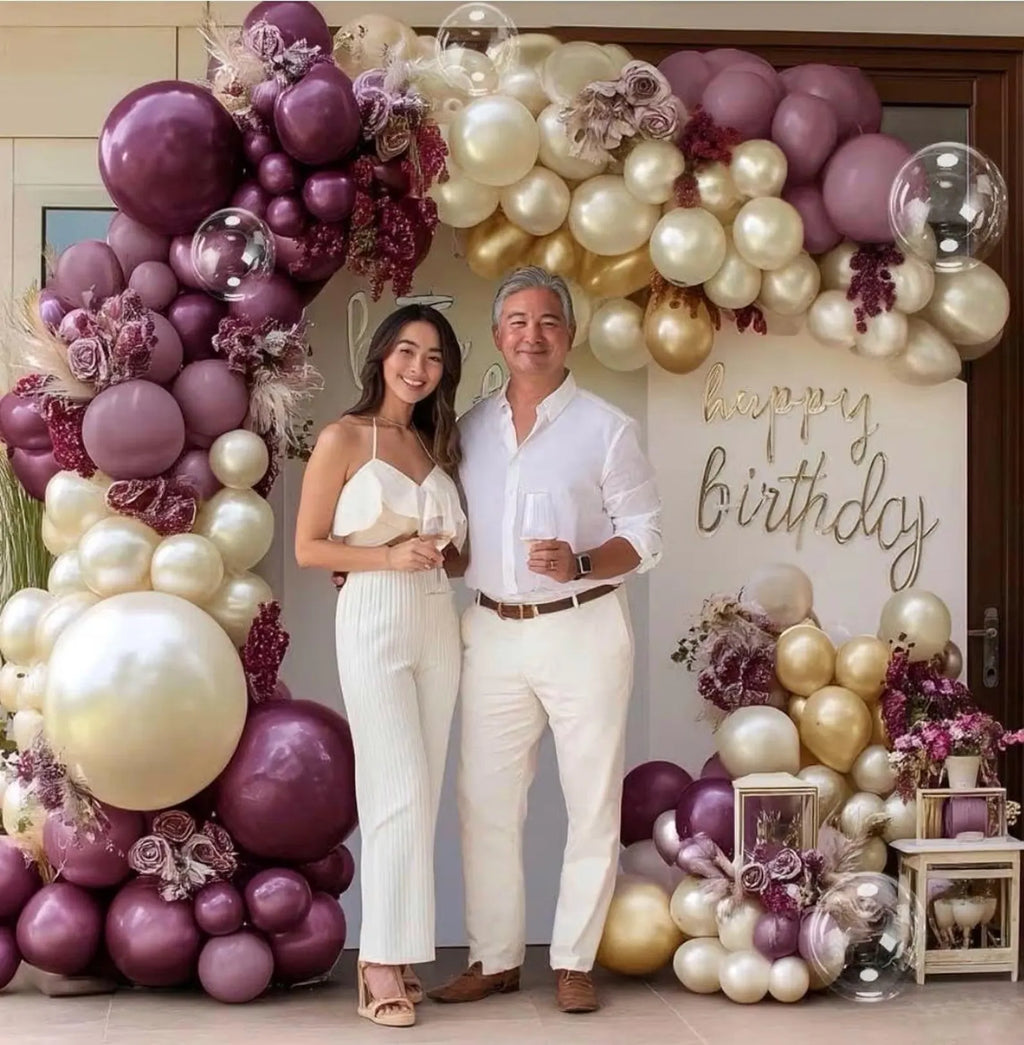 Dusty Purple Gold Balloon Arch Kit Double Stuffed Plum, Dark Lavender, Pearl White Sand Balloon Garland with Clear Bobo for Birthday, Bridal
