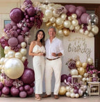 Dusty Purple Gold Balloon Arch Kit Double Stuffed Plum, Dark Lavender, Pearl White Sand Balloon Garland with Clear Bobo for Birthday, Bridal