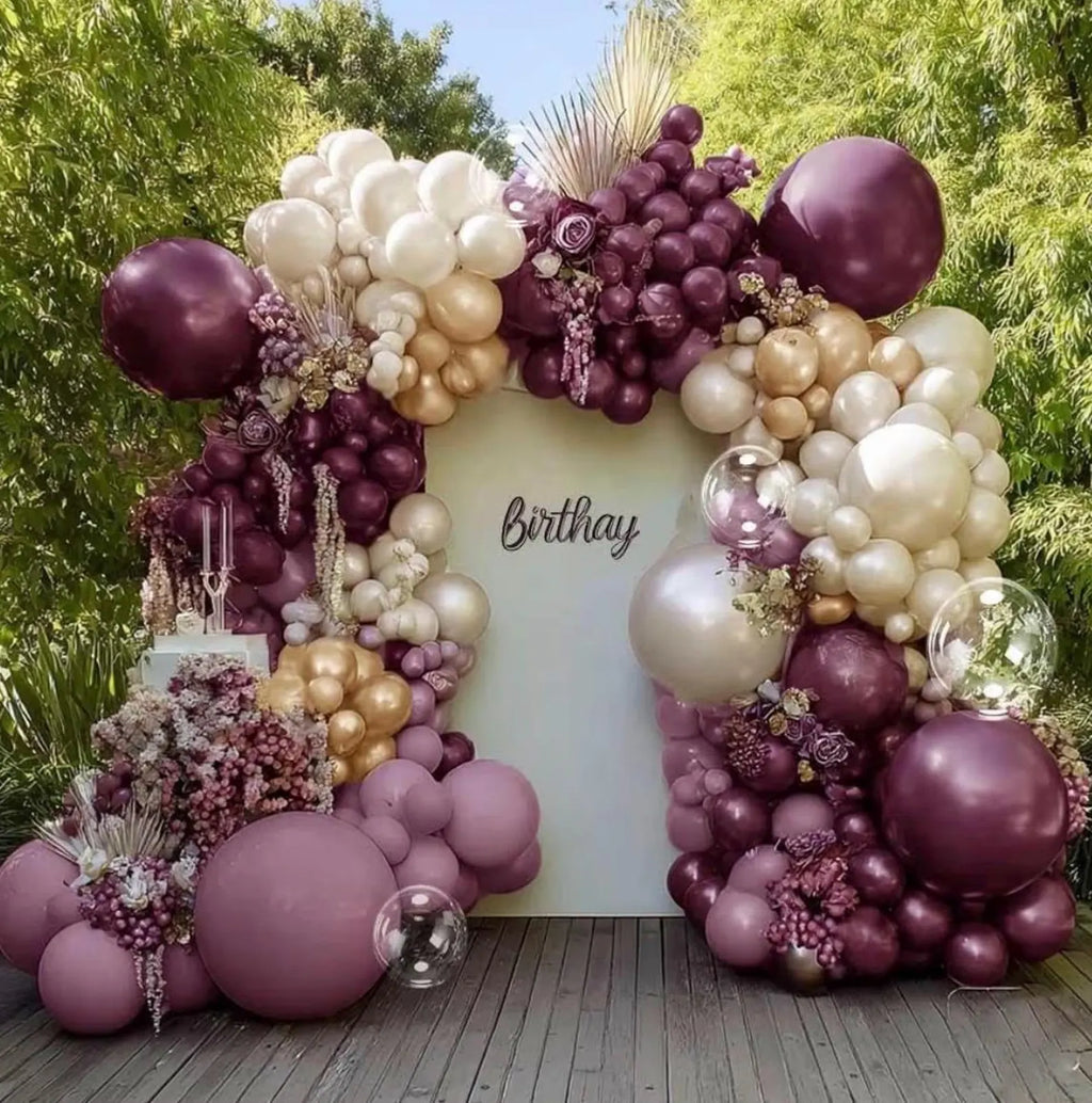 Dusty Purple Gold Balloon Arch Kit Double Stuffed Plum, Dark Lavender, Pearl White Sand Balloon Garland with Clear Bobo for Birthday, Bridal