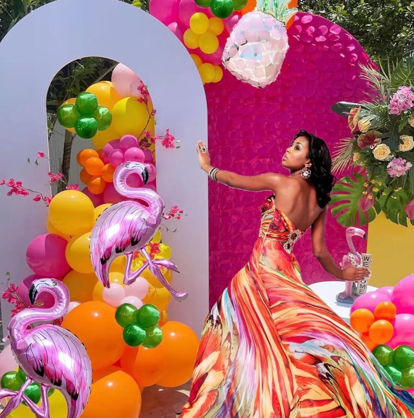 Tropical Hot Pink and orange flamingo Balloons garland arch kit 130pcs with pineapple for Summer Beach luau aloha theme party decorations