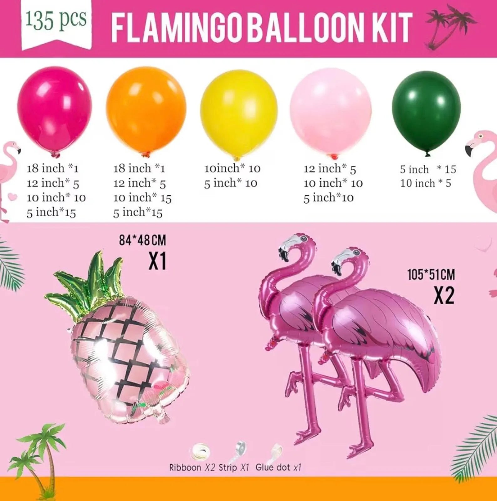 Tropical Hot Pink and orange flamingo Balloons garland arch kit 130pcs with pineapple for Summer Beach luau aloha theme party decorations