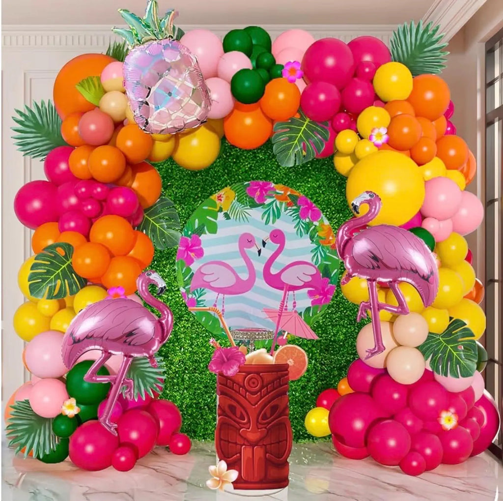 Tropical Hot Pink and orange flamingo Balloons garland arch kit 130pcs with pineapple for Summer Beach luau aloha theme party decorations