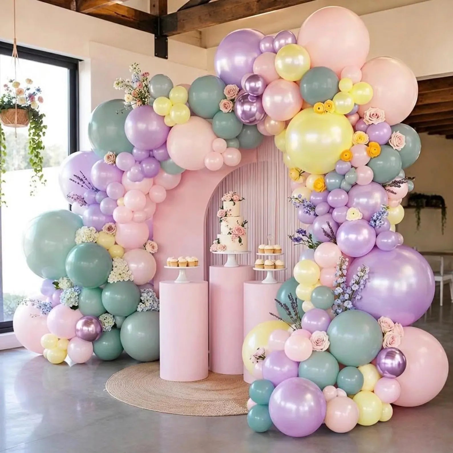 Pastel Green Pink Balloon Garland Double Stuffed Purple Pink Balloon Arch Kit Pearl Yellow Balloon Different Sizes for Birthday Wedding