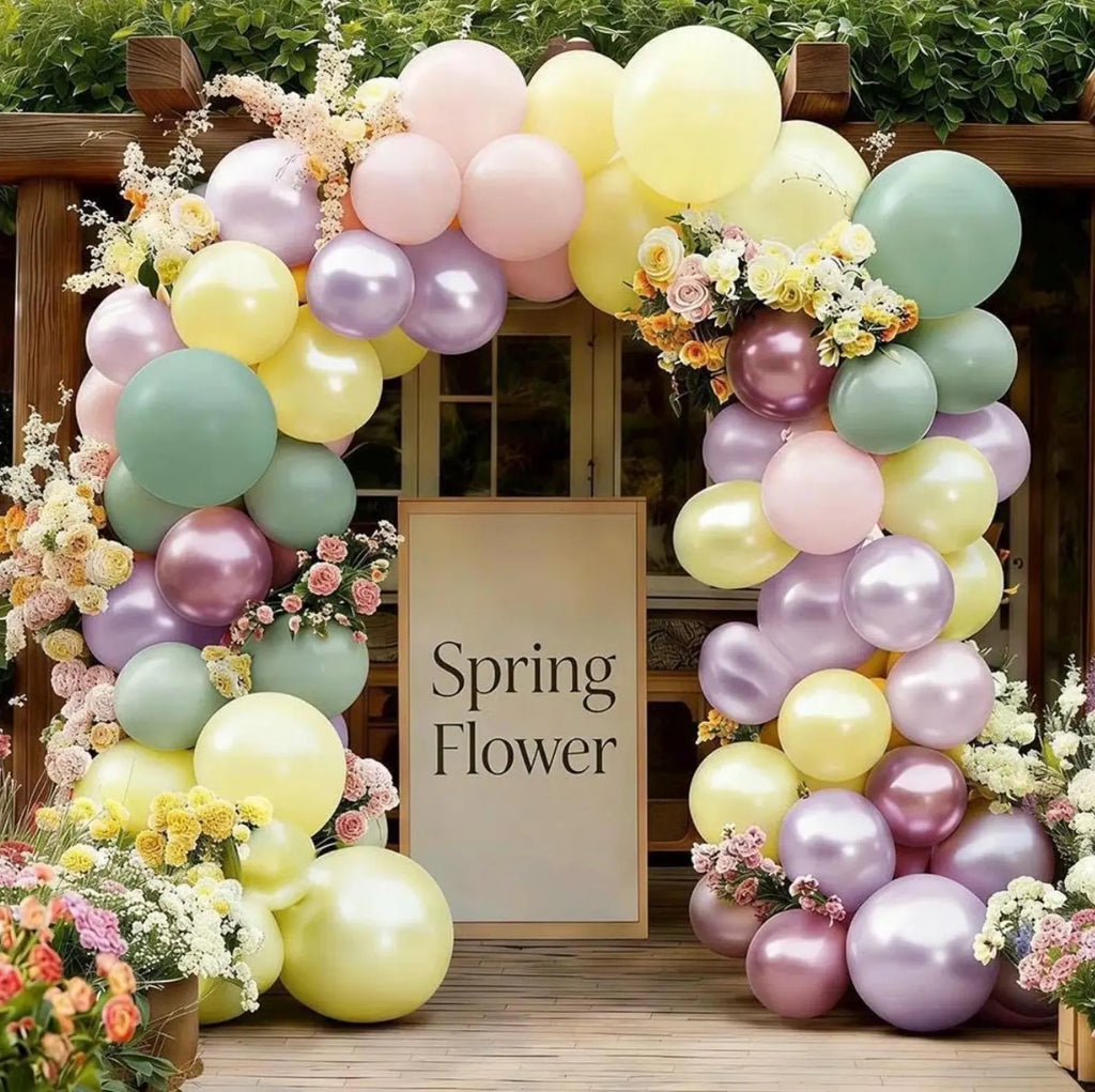 Pastel Green Pink Balloon Garland Double Stuffed Purple Pink Balloon Arch Kit Pearl Yellow Balloon Different Sizes for Birthday Wedding