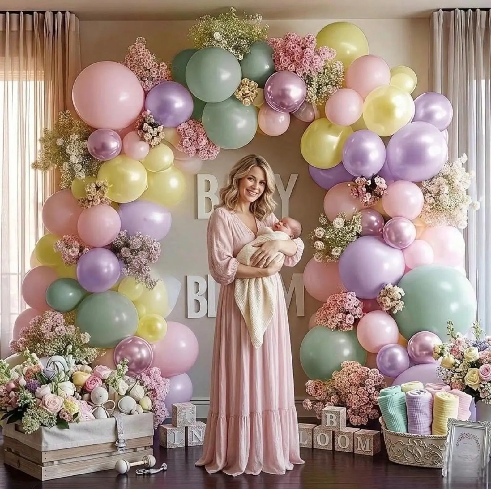 Pastel Green Pink Balloon Garland Double Stuffed Purple Pink Balloon Arch Kit Pearl Yellow Balloon Different Sizes for Birthday Wedding