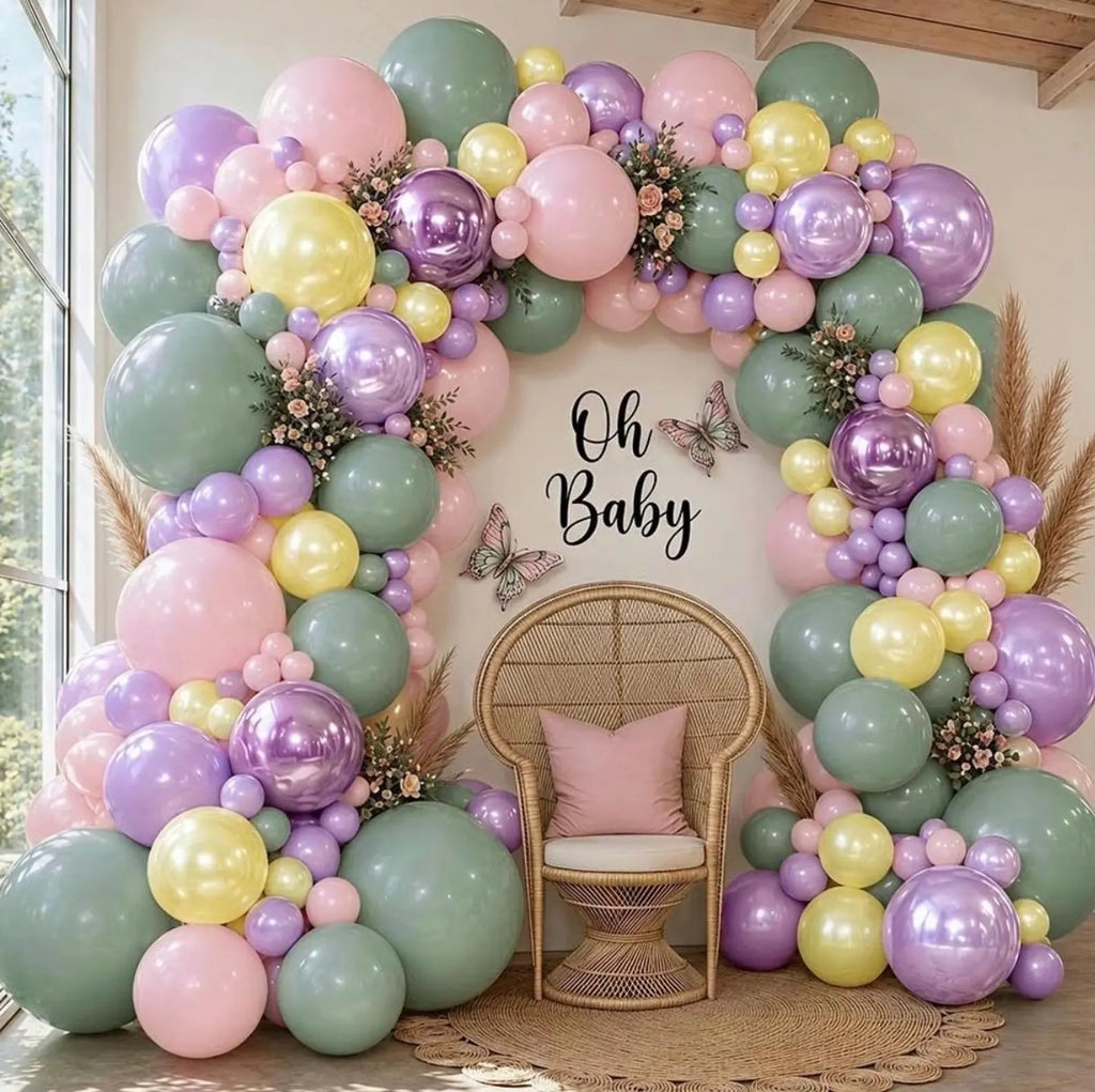 Pastel Green Pink Balloon Garland Double Stuffed Purple Pink Balloon Arch Kit Pearl Yellow Balloon Different Sizes for Birthday Wedding