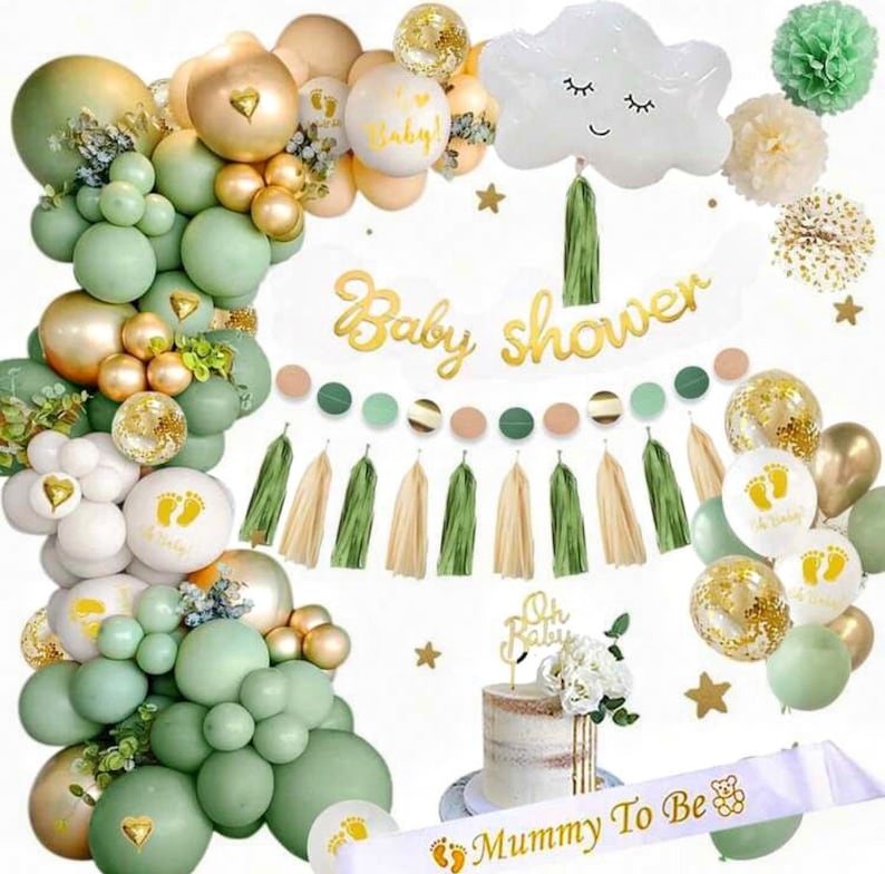 Baby Shower Decorations Boy Girl ,Green White Gold Balloons Arch Kit, Paper Flower,Garland, Banner,Sash,Cloud Balloon,Heart Balloons