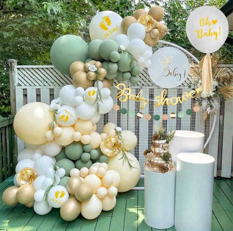 Baby Shower Decorations Boy Girl ,Green White Gold Balloons Arch Kit, Paper Flower,Garland, Banner,Sash,Cloud Balloon,Heart Balloons