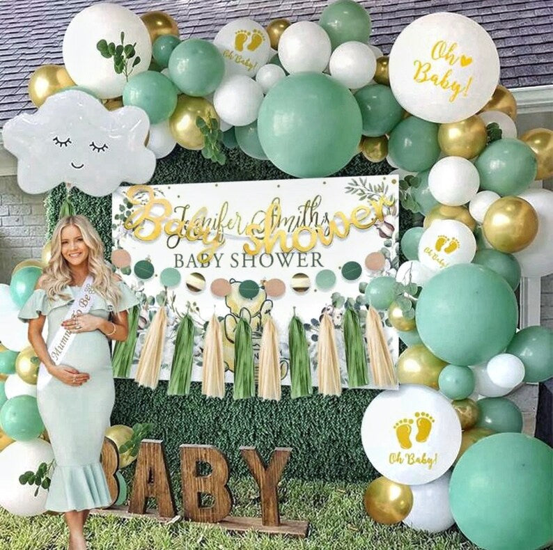 Baby Shower Decorations Boy Girl ,Green White Gold Balloons Arch Kit, Paper Flower,Garland, Banner,Sash,Cloud Balloon,Heart Balloons