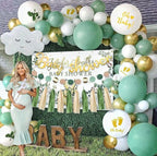 Baby Shower Decorations Boy Girl ,Green White Gold Balloons Arch Kit, Paper Flower,Garland, Banner,Sash,Cloud Balloon,Heart Balloons