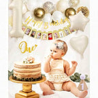 First Birthday Balloon Garland Kit for Girl, White Gold Champagne Balloons, One 1st Birthday Decorations, Photo Banner, Neutral Birthday