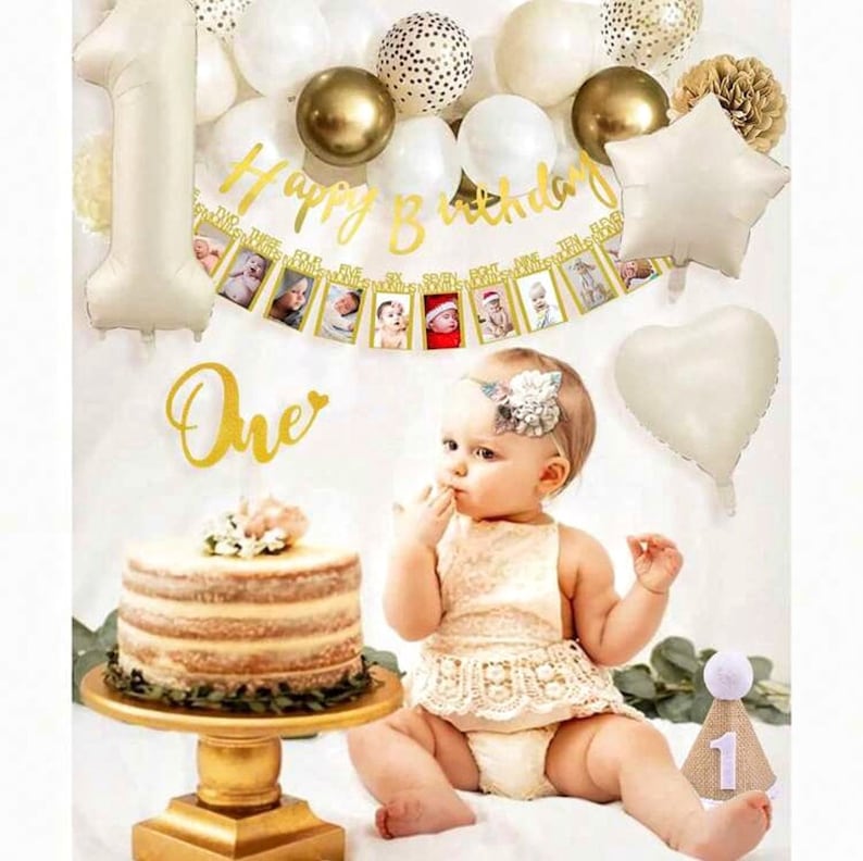 First Birthday Balloon Garland Kit for Girl, White Gold Champagne Balloons, One 1st Birthday Decorations, Photo Banner, Neutral Birthday