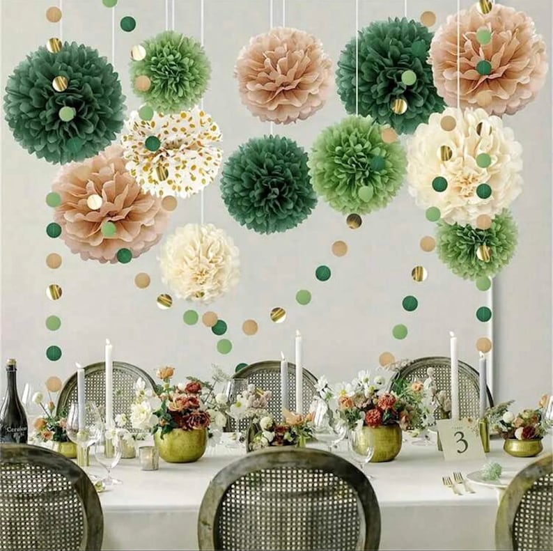Pom Pom Set | Green Tissue Paper Pom Poms | Dusty Green Paper Flowers | Wedding Decor | Baby Shower | Birthday Party Decor 15pcs