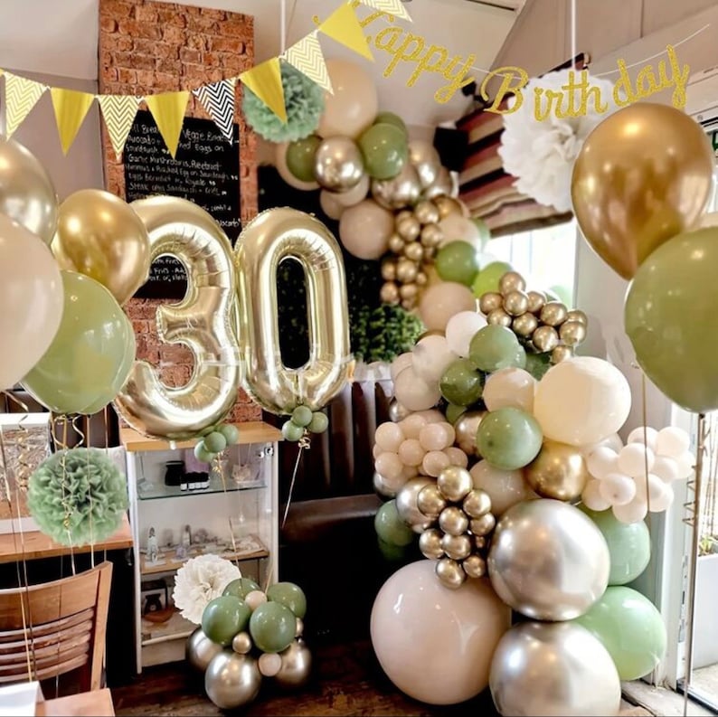Sage Green Birthday Balloons Arch Kit Party Decorations with Happy Birthday Banner Pom Poms Garland Flag Star  Balloons 57pcs