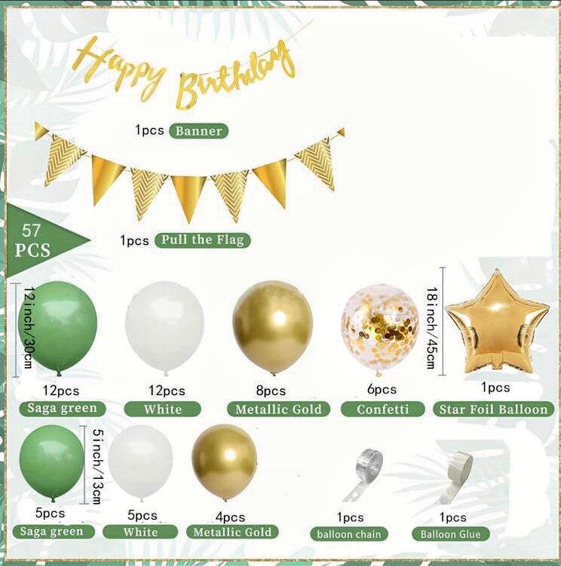 Sage Green Birthday Balloons Arch Kit Party Decorations with Happy Birthday Banner Pom Poms Garland Flag Star  Balloons 57pcs