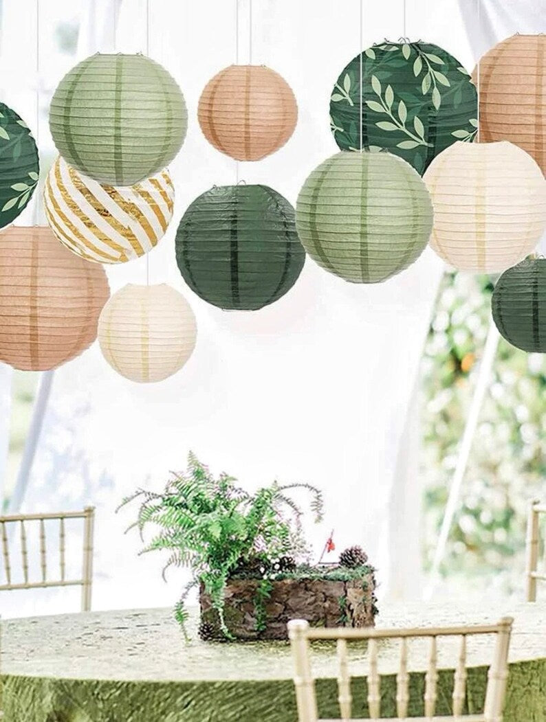 Sage Green and Gold Beige , Olive Green and Gold Party Supplies,Hanging Paper Lanterns Baby Shower , Birthday Party Decorations ,6 PCs