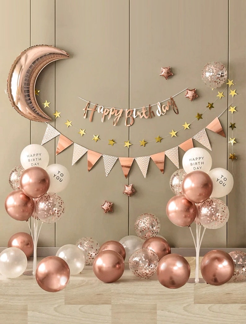 Rose Gold Moon Birthday Decorations Kit, Happy Birthday Banner With Confetti Balloons, Baby Birthday Party Decor, Baby Shower Balloon Set