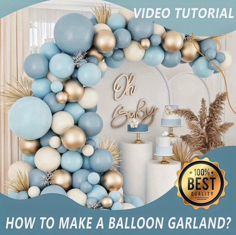 Dusty Baby Blue Balloons Balloon Arch Garland Kit,Sand White Metallic Gold Dusty Slate Fog Baby Blue Balloons for Boy Baby Shower Bridal