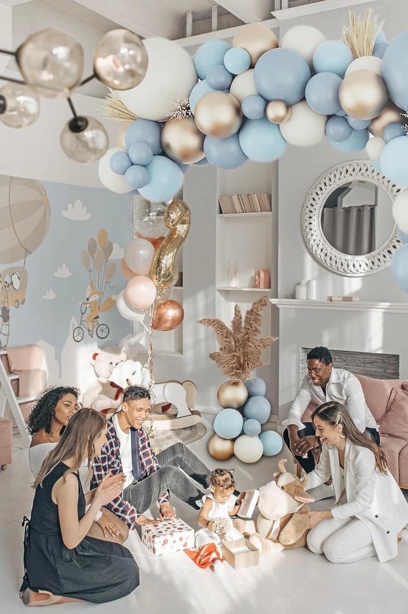 Dusty Baby Blue Balloons Balloon Arch Garland Kit,Sand White Metallic Gold Dusty Slate Fog Baby Blue Balloons for Boy Baby Shower Bridal