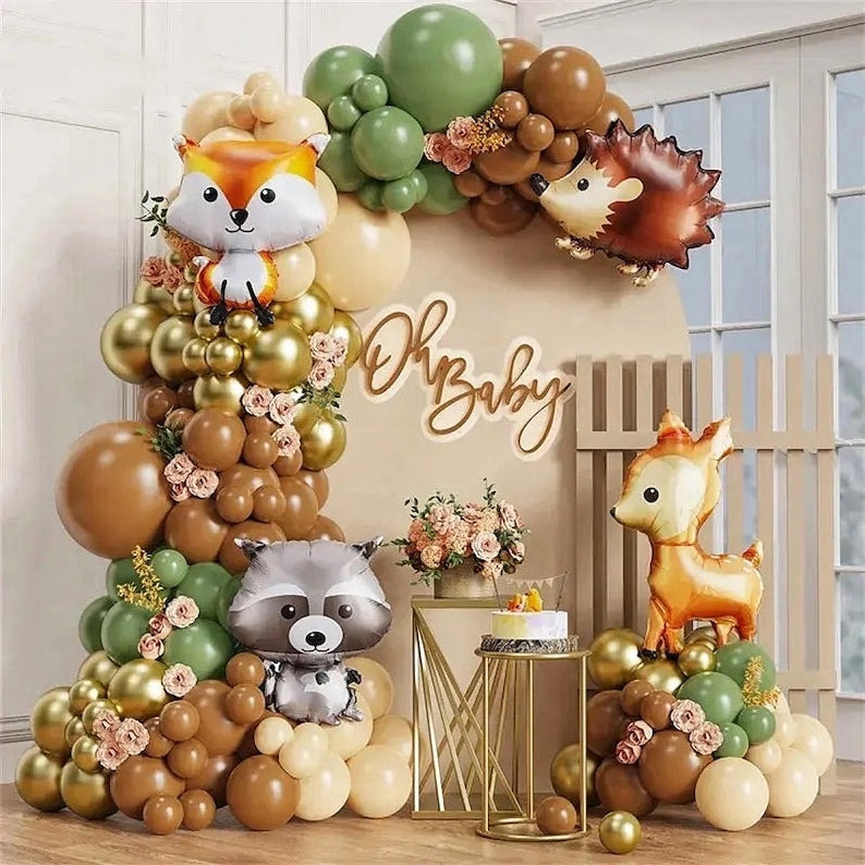 Woodland Animals Balloon Garland Arch Kit, Woodland Themed Sage Green Brown Balloons Neutral Forest Animal Baby Shower Birthday Decorations