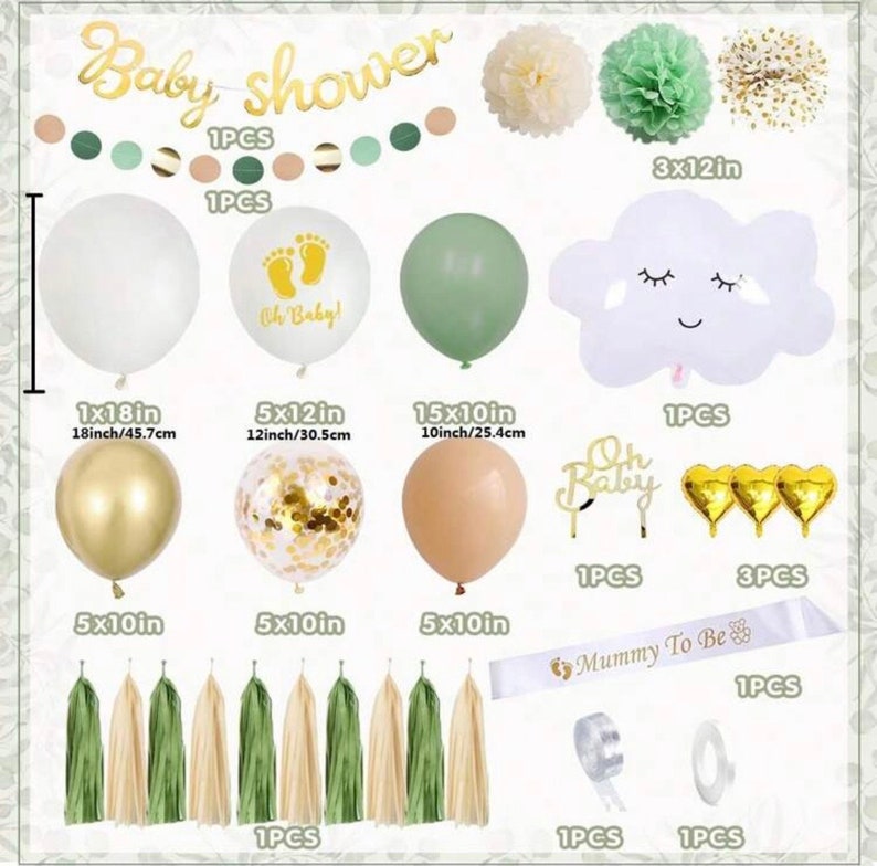 Baby Shower Decorations Boy Girl ,Green White Gold Balloons Arch Kit, Paper Flower,Garland, Banner,Sash,Cloud Balloon,Heart Balloons