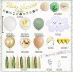 Baby Shower Decorations Boy Girl ,Green White Gold Balloons Arch Kit, Paper Flower,Garland, Banner,Sash,Cloud Balloon,Heart Balloons