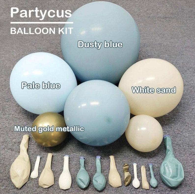 Dusty Blue White Balloon Garland Double Stuffed Pastel Light Blue Balloon White Sand Beige Cream Balloon Arch Kit Metallic Gold Balloons