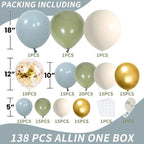 Sage Green Blue Balloons Garland kit, 138pcs Dusty Blue Sand White and Gold Balloons for Boys Baby Shower
