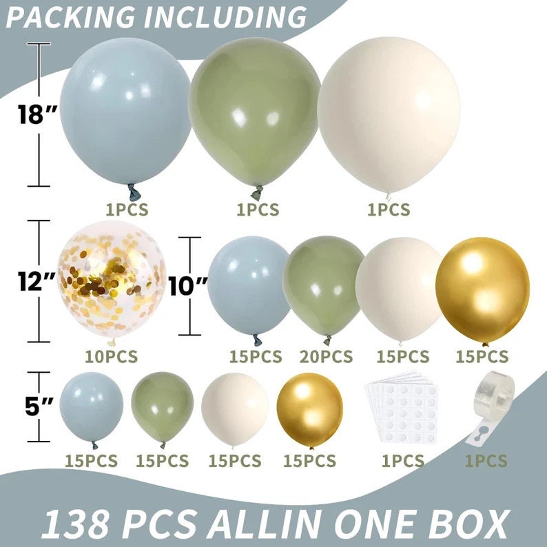 Sage Green Blue Balloons Garland kit, 138pcs Dusty Blue Sand White and Gold Balloons for Boys Baby Shower
