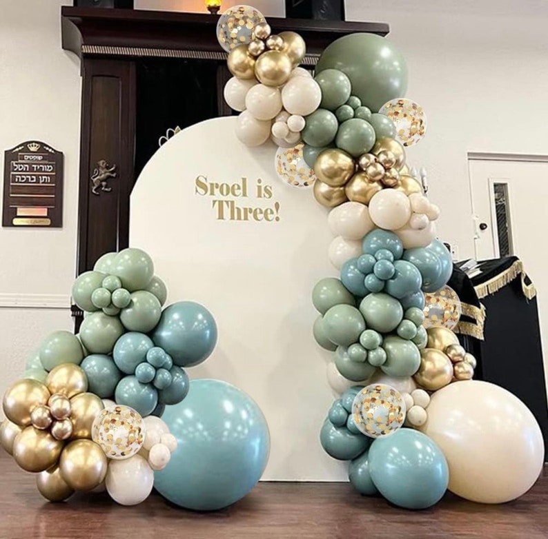 Sage Green Blue Balloons Garland kit, 138pcs Dusty Blue Sand White and Gold Balloons for Boys Baby Shower