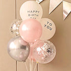 Pink and Silver Birthday Balloon Garland Kit Party Decorations ,Bow Balloon Star, Confetti Balloon Triangle Flag Banner 36 Pcs