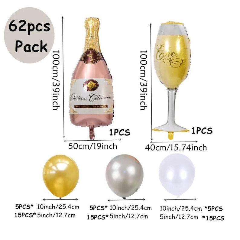 62pcs Champagne Bottle Wine Glass Balloon Garland Arch Kit,Decorations,Gold Silver Balloons for Birthday Wedding Baby Shower Bridal Shower