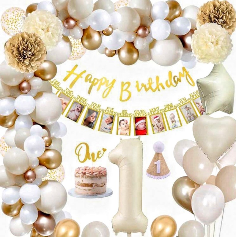 First Birthday Balloon Garland Kit for Girl, White Gold Champagne Balloons, One 1st Birthday Decorations, Photo Banner, Neutral Birthday