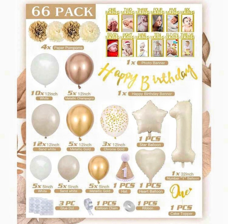 First Birthday Balloon Garland Kit for Girl, White Gold Champagne Balloons, One 1st Birthday Decorations, Photo Banner, Neutral Birthday