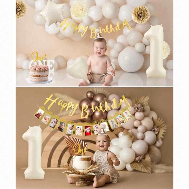 First Birthday Balloon Garland Kit for Girl, White Gold Champagne Balloons, One 1st Birthday Decorations, Photo Banner, Neutral Birthday