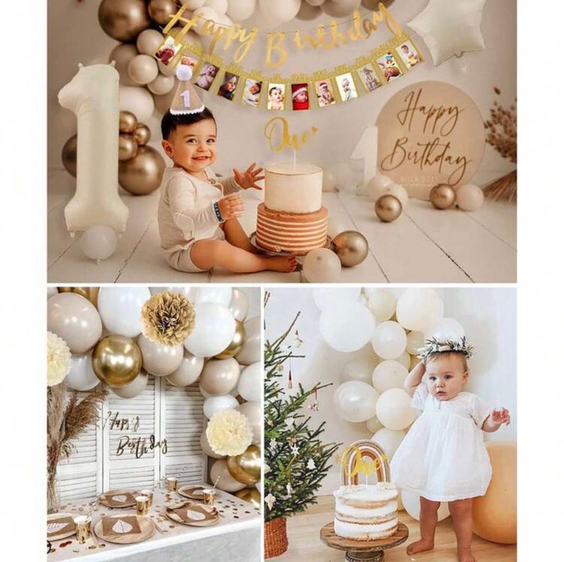 First Birthday Balloon Garland Kit for Girl, White Gold Champagne Balloons, One 1st Birthday Decorations, Photo Banner, Neutral Birthday