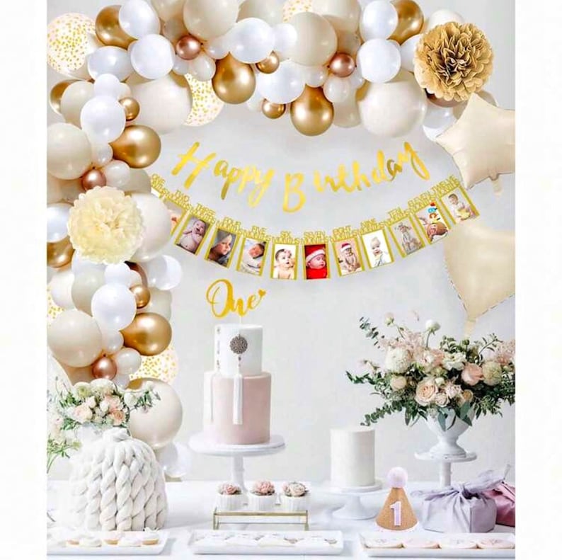First Birthday Balloon Garland Kit for Girl, White Gold Champagne Balloons, One 1st Birthday Decorations, Photo Banner, Neutral Birthday