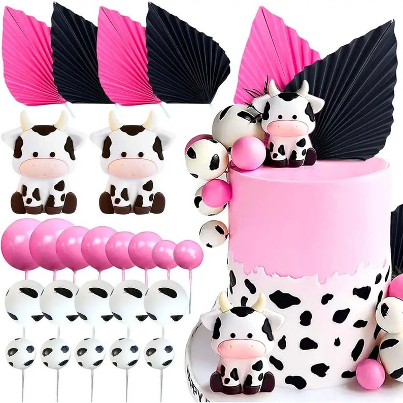 24 Pcs Pink Cute Cow Cake Decoration,Black and White Pink Ball Cake Toppers,Farm Animal Mini Cow with Miniature Figurines