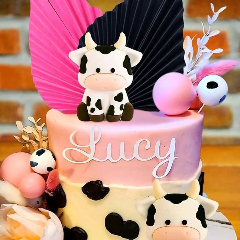 24 Pcs Pink Cute Cow Cake Decoration,Black and White Pink Ball Cake Toppers,Farm Animal Mini Cow with Miniature Figurines