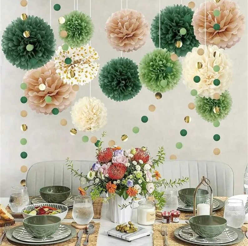 Pom Pom Set | Green Tissue Paper Pom Poms | Dusty Green Paper Flowers | Wedding Decor | Baby Shower | Birthday Party Decor 15pcs