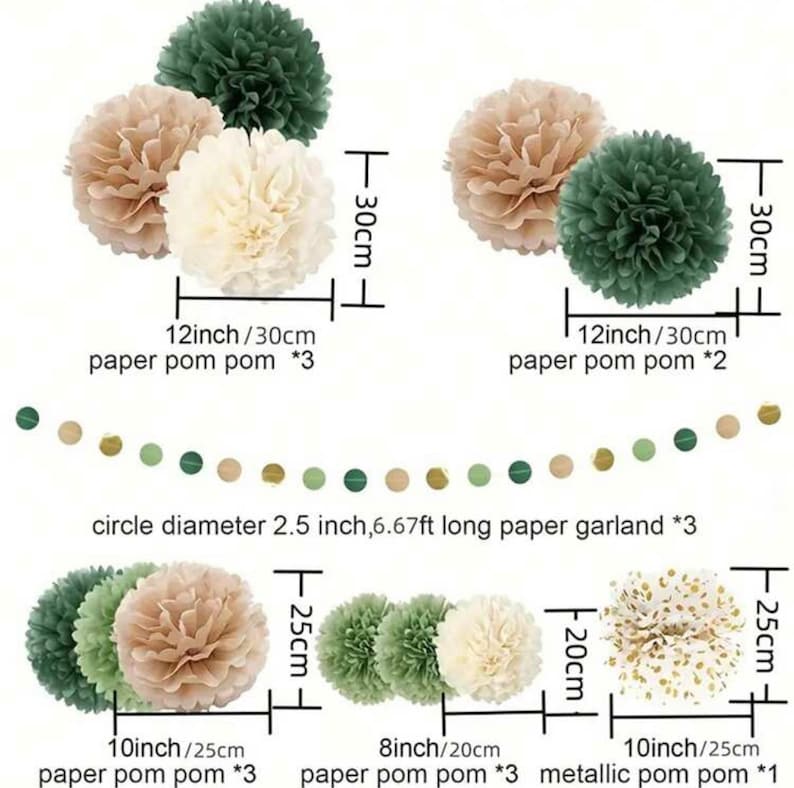 Pom Pom Set | Green Tissue Paper Pom Poms | Dusty Green Paper Flowers | Wedding Decor | Baby Shower | Birthday Party Decor 15pcs