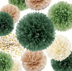 Pom Pom Set | Green Tissue Paper Pom Poms | Dusty Green Paper Flowers | Wedding Decor | Baby Shower | Birthday Party Decor 15pcs