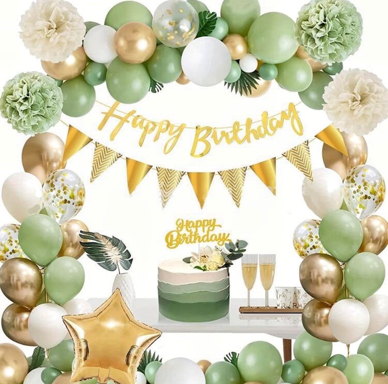 Sage Green Birthday Balloons Arch Kit Party Decorations with Happy Birthday Banner Pom Poms Garland Flag Star  Balloons 57pcs