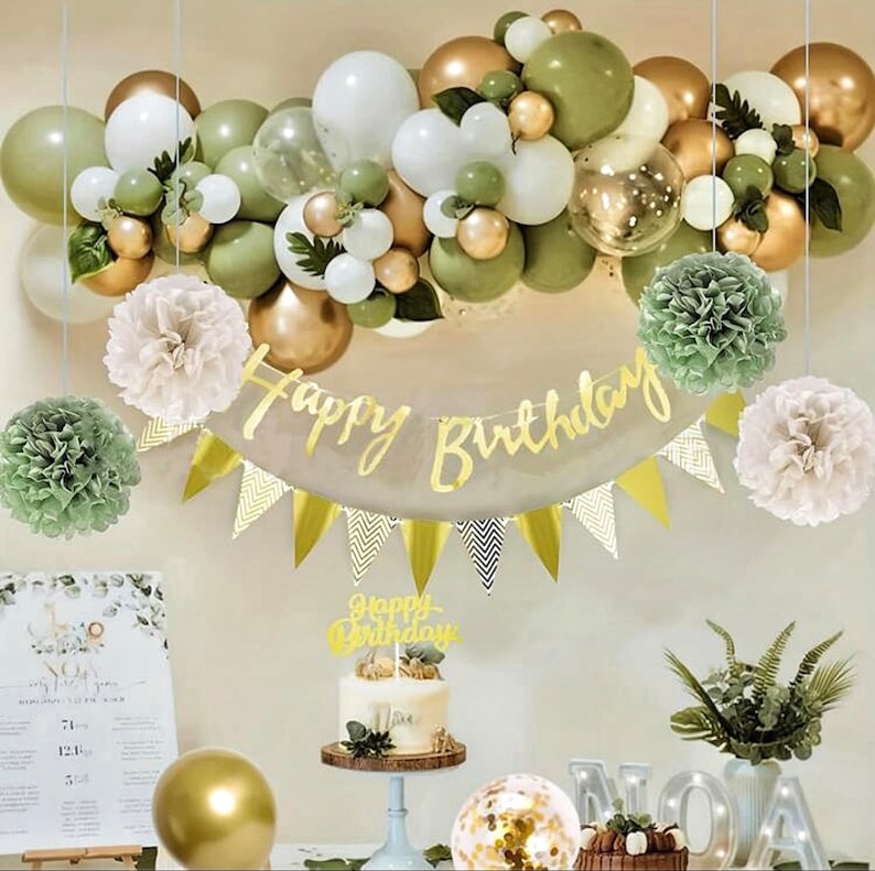 Sage Green Birthday Balloons Arch Kit Party Decorations with Happy Birthday Banner Pom Poms Garland Flag Star  Balloons 57pcs